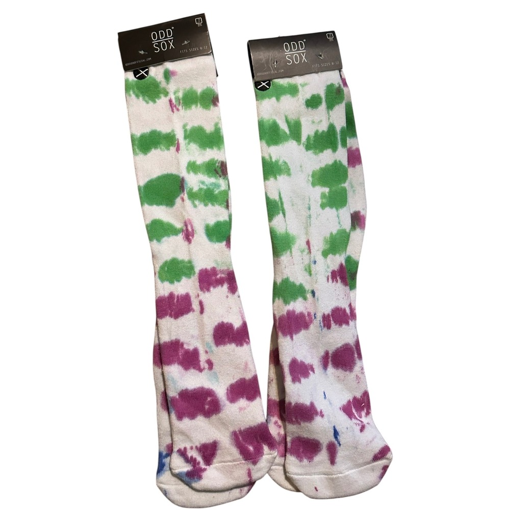 Set of 2 Odd Sox Crew Socks Tie Dye Green Purple Blue White Unisex Size 8-12 New